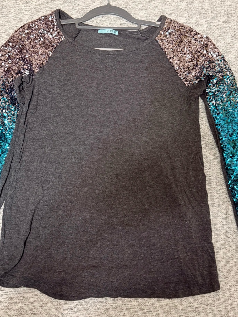 Charcoal Long Sleeve Tee with Ombre Sequin Sleeves